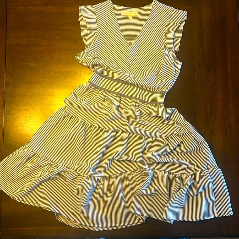 Monteau Youth Dress. Size Small. Grey/ white stripe. Like new condition.